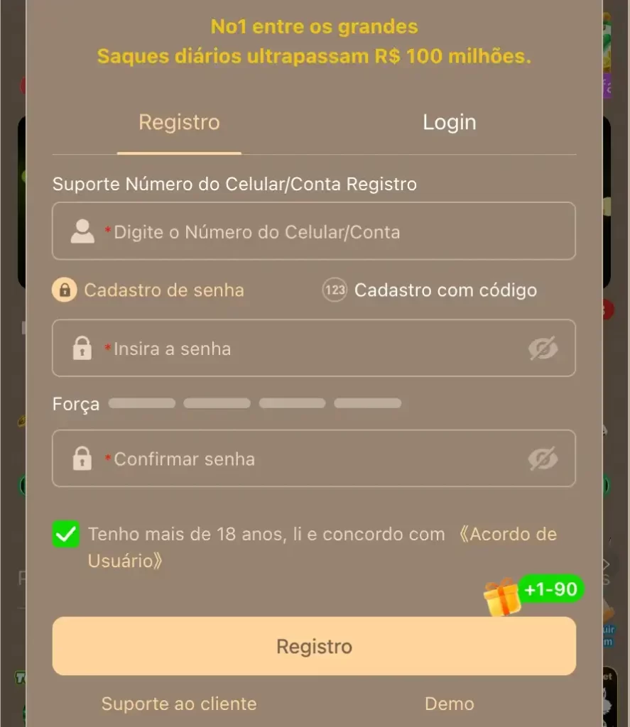 Tela de registro do LOBOBET